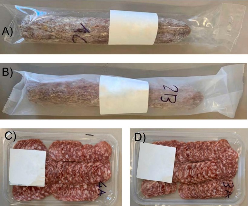 Fig. 1. Gruppi di campioni utilizzati in questo studio confezionati in: BOPA/EVOH-PE (A), BOPP-ALOx/PP (B), vassoio Bio-PET/R-PET/Bio-PET con film superiore in PET-ALOx (C) e vassoio Bio-PET/R-PET/PET con film superiore in BOPET (D).