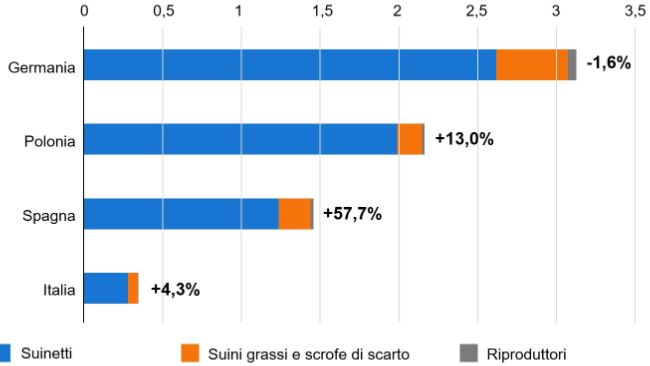 Importatori europei di suini vivi nel primo trimestre 2025/2024 (milioni di capi). Fonte: IFIP su dati Eurostat (dogane)
