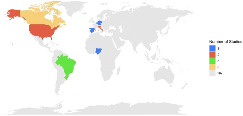 Figura 2. Distribuzione geografica e numero di studi che valutano il microclima e gli indicatori di benessere nei suini grassi per il carico al macello.