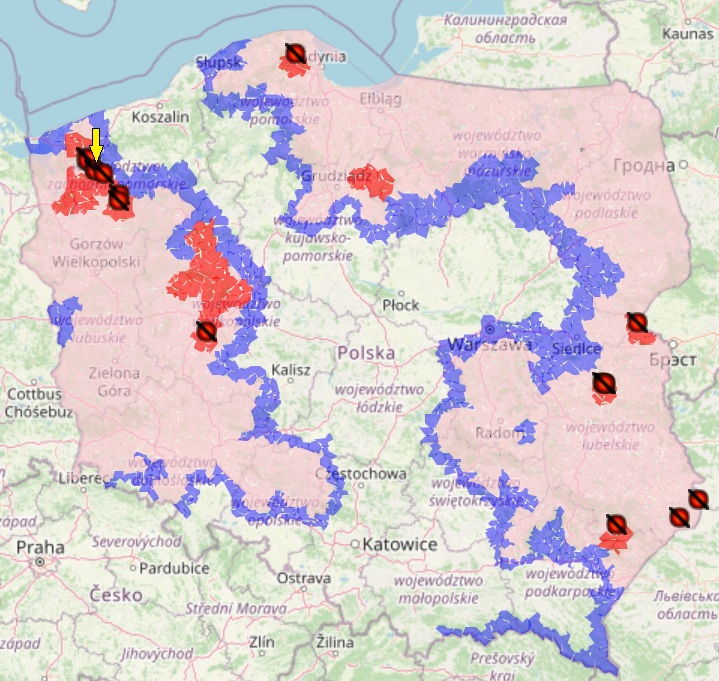 Ogniska ASF u świń w Polsce od początku 2025r. Żółtą strzałką zaznaczono 16. ognisko. Źródło: Główny Inspektorat Weterynarii