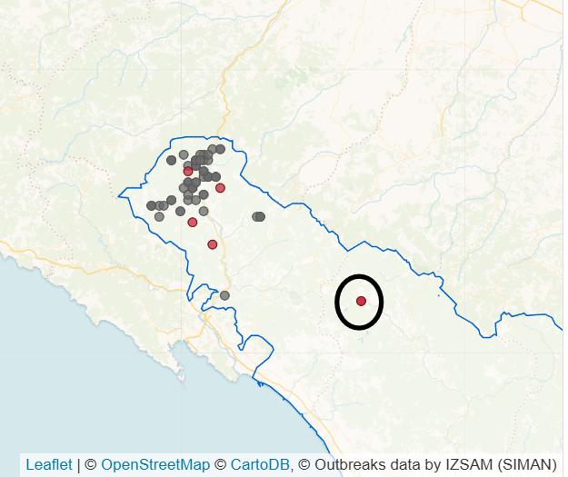 Positivit&agrave; riscontrata psa nei cinghiali in Toscana. Nel circolo nero l'ultimo focolaio a Piazza al Serchio (Lucca). Fonte: https://www.izs.it/BENV_NEW/datiemappe.html
