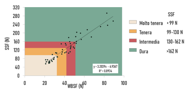 Figura 2. Rappresentazione grafica della regressione tra i metodi di misura di tenerezza della carne forza di taglio SSF e WBSF.https://doi.org/10.3390/foods14162817