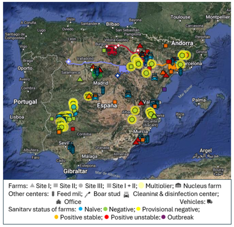 Figura 1. Mappa esterna Biorisk&reg; dei siti tracciati. (La Figura 1 &egrave; stata ottenuta dalla piattaforma esterna Biorisk&reg; (2024) e riprodotta con l'autorizzazione di Animal Data Analytics, SL).https://doi.org/10.3390/ani14202932