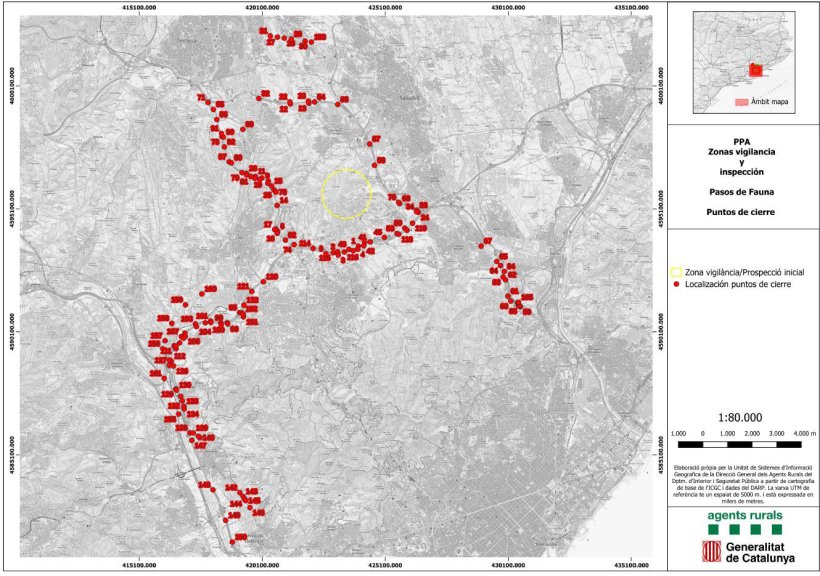 Figura 4. Posti di blocco nelle aree recintate della zona centrale e nel parco naturale di Collserola
