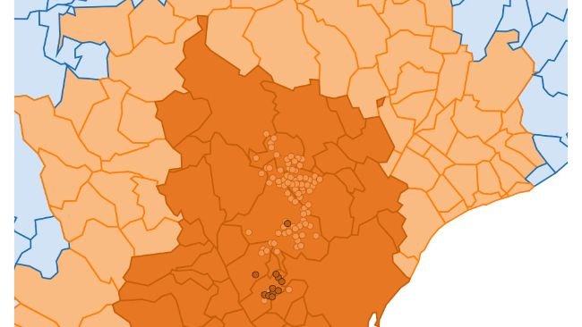 Localizzazione dettagliata dei 227 casi di cinghiale rilevati nella zona ristretta II. Cerchio chiaro: casi precedenti. Cerchio scuro: nuovi casi segnalati. (Fonte: Departament d’Agricultura, Ramaderia, Pesca i Alimentació). 