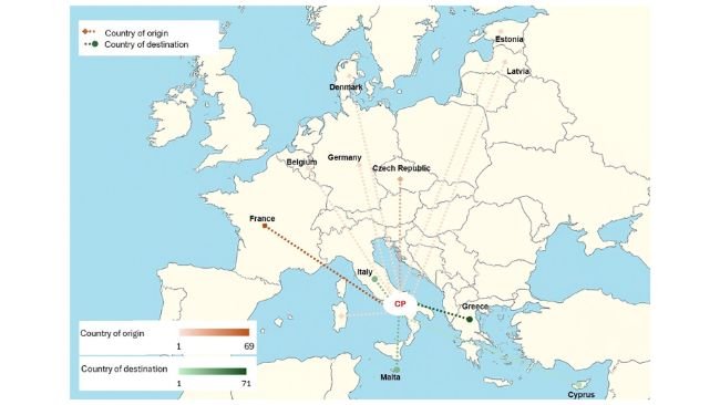 Figura 2. Percorsi dei viaggi che si sono fermati al posto di controllo (CP) tra il 2019 e il 2024.