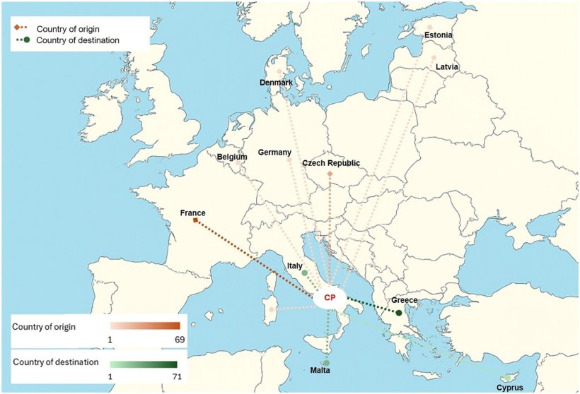 Figura 2. Percorsi dei viaggi che si sono fermati al posto di controllo (CP) tra il 2019 e il 2024.