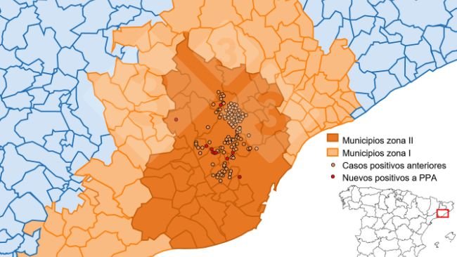 Localizzazione dettagliata dei casi di cinghiale rilevati nella zona ristretta II. Fonte: 333 sulla base dei dati di MAPA e SVO.