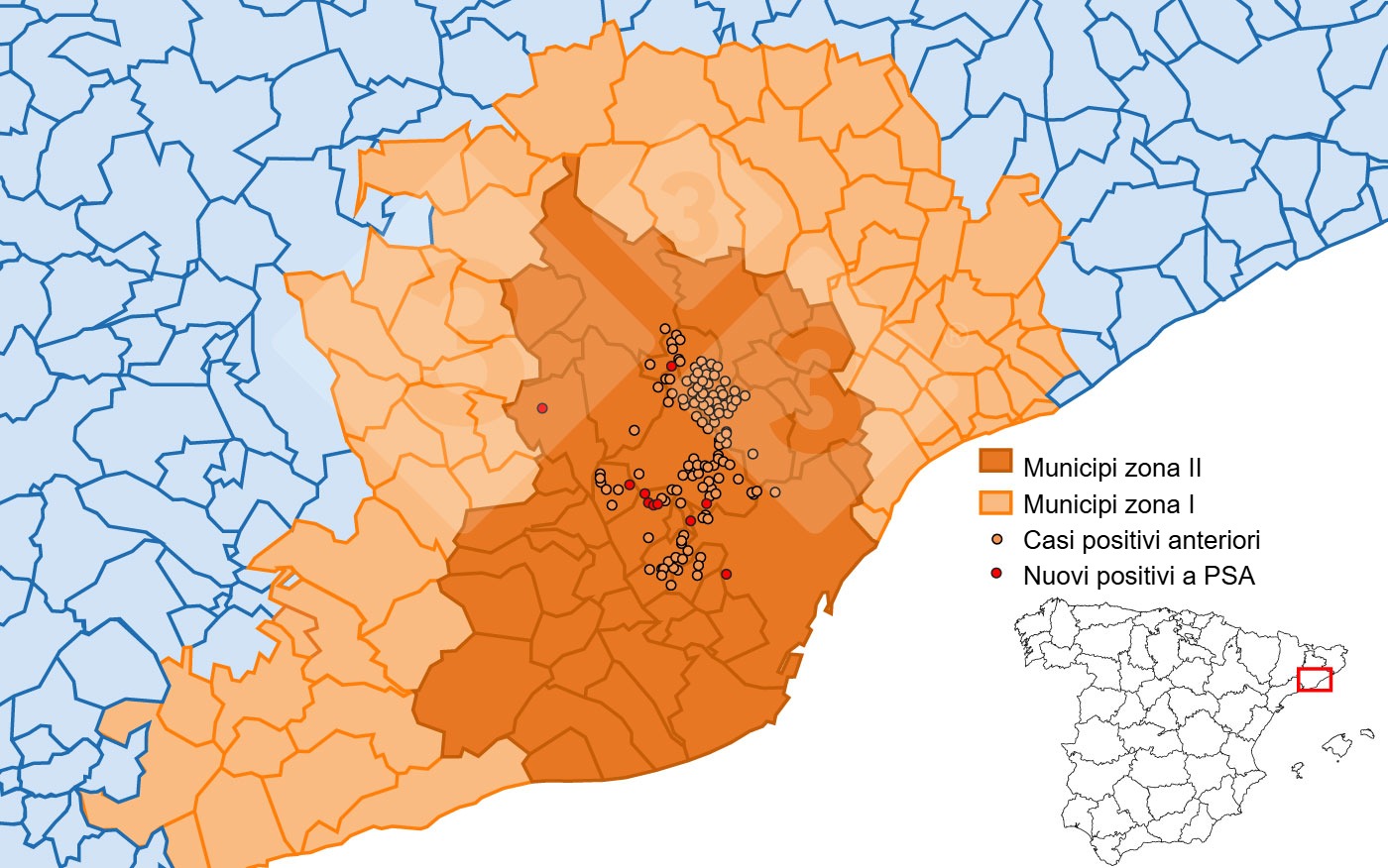 Localizzazione dettagliata dei casi di cinghiale rilevati nella zona ristretta II. Fonte: 333 sulla base dei dati di MAPA e SVO.
