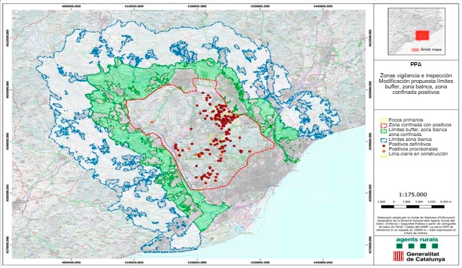 Riduzione delle popolazioni di cinghiali: individuazione della &ldquo;zona bianca&rdquo;, della zona cuscinetto e della zona confinata. Fonte: Cos d&rsquo;Agents Rurals. Generalitat de Catalunya.
