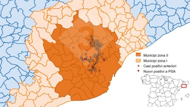 Localizzazione dettagliata dei casi di cinghiale rilevati nella zona ristretta II (settimana 18). Fonte: 333 sulla base dei dati di MAPA e SVO.