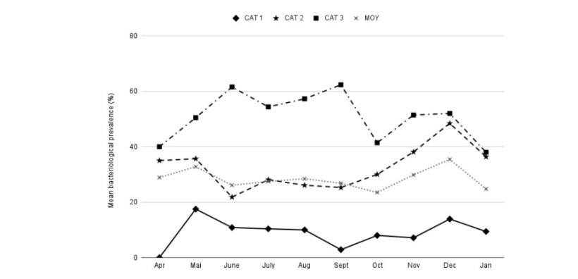 Figura 1. Evoluzione mensile della prevalenza batteriologica media di Salmonella da aprile a gennaio, per ciascuna categoria di allevamento e per la popolazione totale studiata (MOY).Proceedings_safepork.pdf