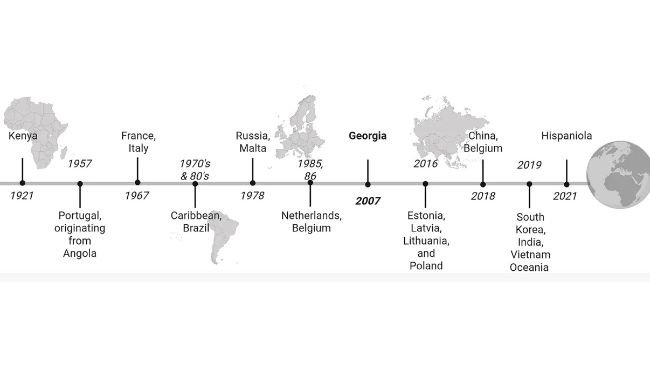 Cronologia della diffusione del virus della peste suina africana (PSA) nel mondo, con evidenziazione dei principali salti tra le regioni geografiche. L'introduzione del genotipo II, altamente virulento, nell'Europa continentale è rappresentata in grassetto (Generato con BioRender). © Sua Maestà il Re in diritto del Canada, rappresentato dal Ministro dell'Agricoltura e dell'Agroalimentare.doi: 10.3389/fvets.2026.1760996