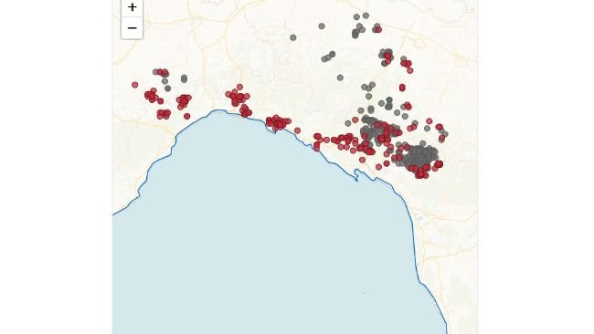 In grigio i focolai estinti, in rosso quelli attivi.