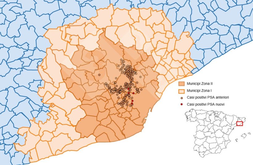 Localizzazione dettagliata dei casi di cinghiale rilevati nella zona ristretta II (settimana 24). Fonte: 333 sulla base dei dati di MAPA e SVO.
