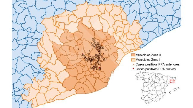 Localizzazione dettagliata dei casi di cinghiale rilevati nella zona ristretta II (settimana 24). Fonte: 333 sulla base dei dati di MAPA e SVO.