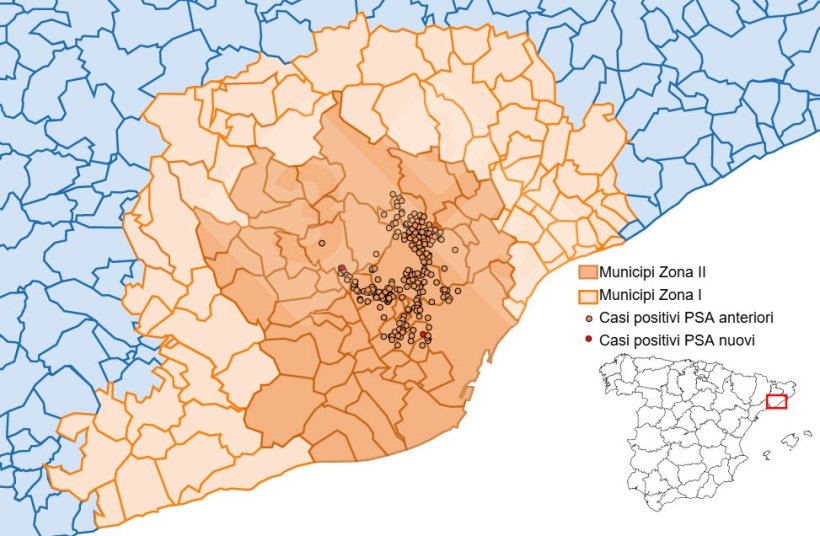 Localizzazione dettagliata dei casi di cinghiale rilevati nella zona ristretta II (settimana 24). Fonte: 333 sulla base dei dati di MAPA e SVO.