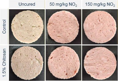Foto rappresentative di mortadella prodotta con e senza l'aggiunta dell'1,5% di chitosano e con diversi livelli (0, 50 e 150 mg/kg) di nitriti. Fonte: https://doi.org/10.1016/j.meatsci.2026.110162.