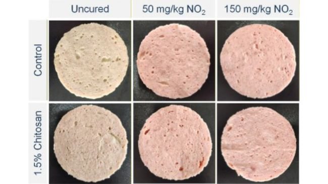 Foto rappresentative di mortadella prodotta con e senza l'aggiunta dell'1,5% di chitosano e con diversi livelli (0, 50 e 150 mg/kg) di nitriti. Fonte: https://doi.org/10.1016/j.meatsci.2026.110162.