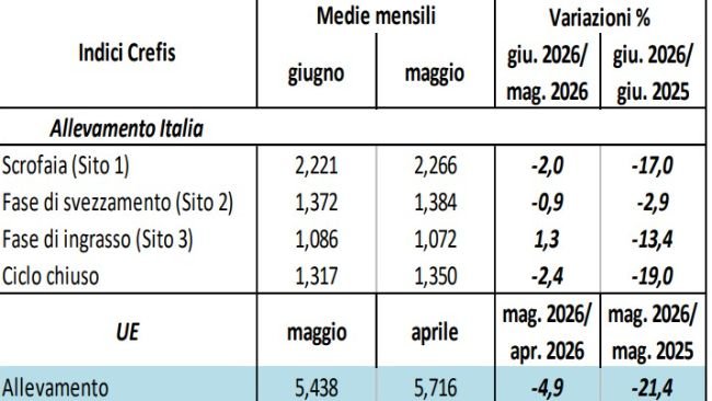 (1) L'indice Crefis dell'allevamento dell'Unione Europea fa riferimento al mese di maggio 2026 (ultimo dato
disponibile), di conseguenza le variazioni sono calcolate rispetto ad aprile 2026 e maggio 2025.
Fonte: elaborazioni Crefis su dati CCIAA Milano, Commissione Ue, FAO, CUN suini e tagli. Fonte: Crefis