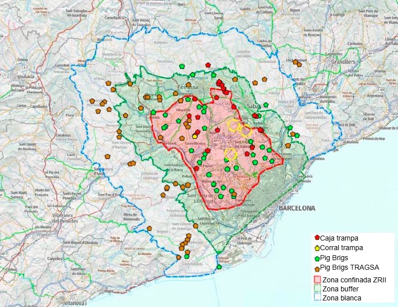 Posizione delle trappole, Pig Briggs e recinti di cattura al 7 luglio 2026 (Fonte: Cos d\Agents Rurals. Generalitat de Catalunya)