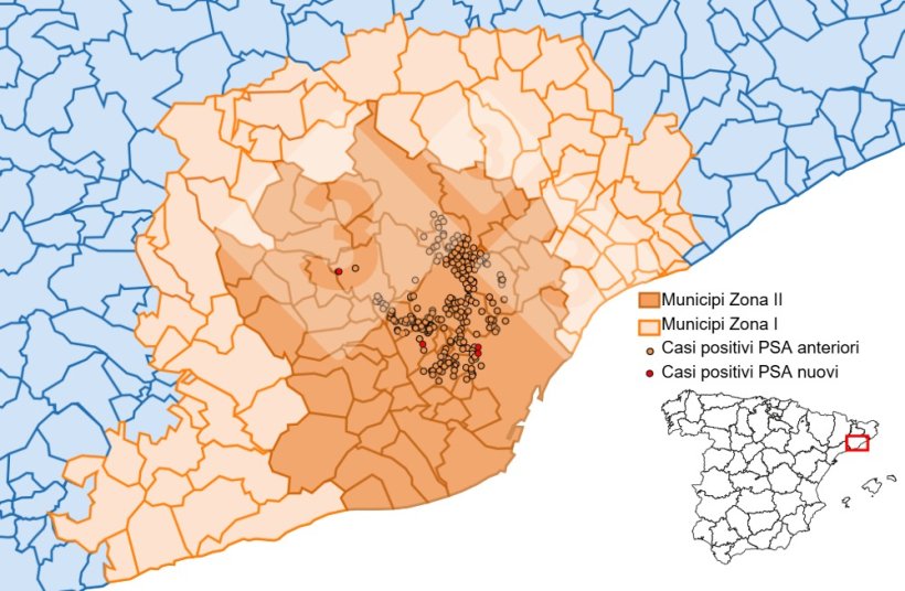 Localizzazione dettagliata dei casi di peste suina africana (PSA) nei cinghiali rilevati nella zona a restrizione II (settimana 30). Fonte: 333 sulla base dei dati di MAPA e SVO.