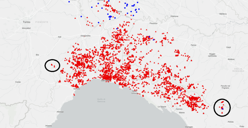 Le aree di più interesse corrispondono a quelle circolate in nero con i sub cluster Piemonte-Liguria e Toscana. Fonte: Bollettino Epidemiologico Nazionale al 13 agosto 2026
