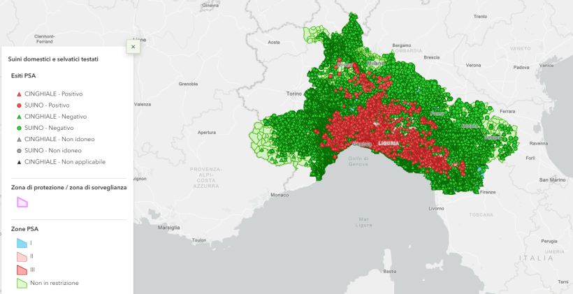 Situazione PSA e controlli.Mappa della sorveglianza PSA: distribuzione dei campioni di suini domestici e cinghiali testati e relativo esito diagnostico, con evidenza delle zone soggette a restrizione (I, II e III) e dei territori non in restrizione. Triangoli = cinghiali; cerchi = suini domestici; rosso = positivo; verde = negativo.