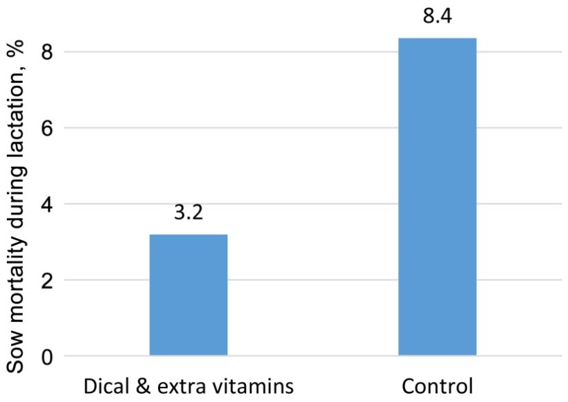 Figura 2. Combinando i dati degli studi A e B, le scrofe trattate (a partire dal giorno 109 o 110 di gestazione) con 50 g di fosfato bicalcico e vitamine aggiuntive hanno mostrato una mortalità inferiore (P < 0,01) rispetto alle scrofe del gruppo di controllo.