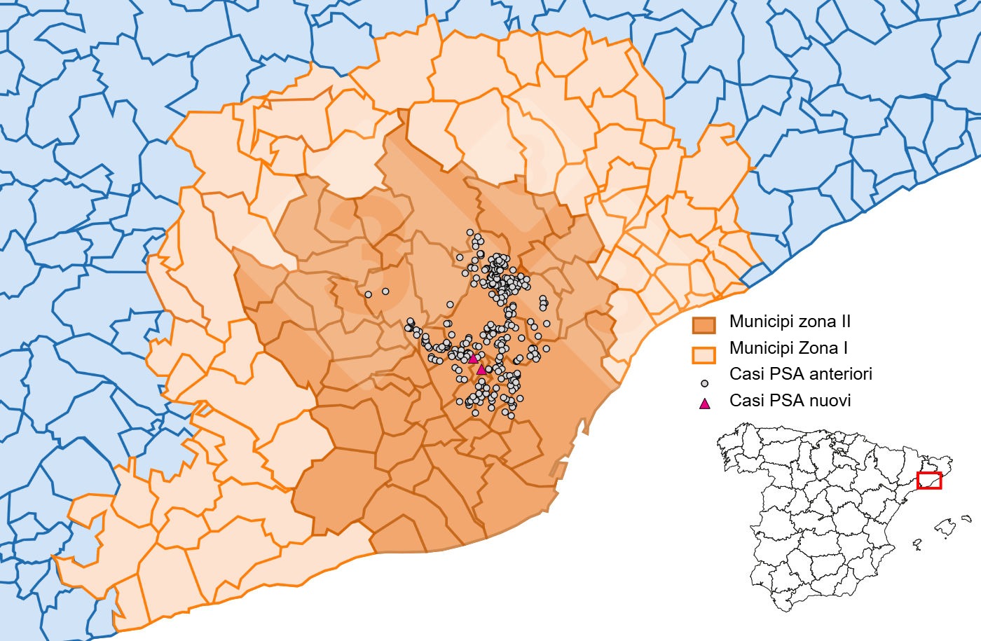 Localizzazione dettagliata dei casi di cinghiali rilevati nella zona ristretta II (Fonte: Dipartimento dell\Agricoltura, Ramaderia, Pesca i Alimentació).