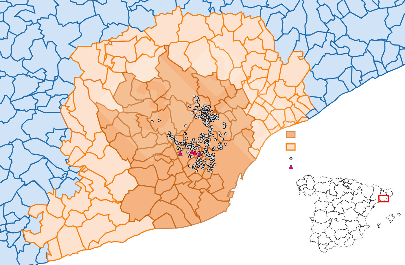 Localizzazione dettagliata dei casi di cinghiali rilevati nella zona ristretta II (Fonte: Dipartimento dell\Agricoltura, Ramaderia, Pesca i Alimentació).