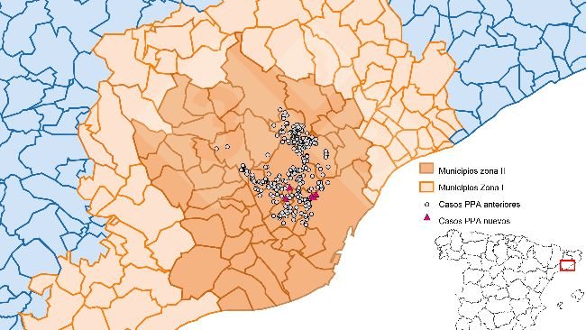 Localizzazione dettagliata dei casi di cinghiali rilevati nella zona ristretta II (Fonte: Dipartimento dell'Agricoltura, Ramaderia, Pesca i Alimentació).