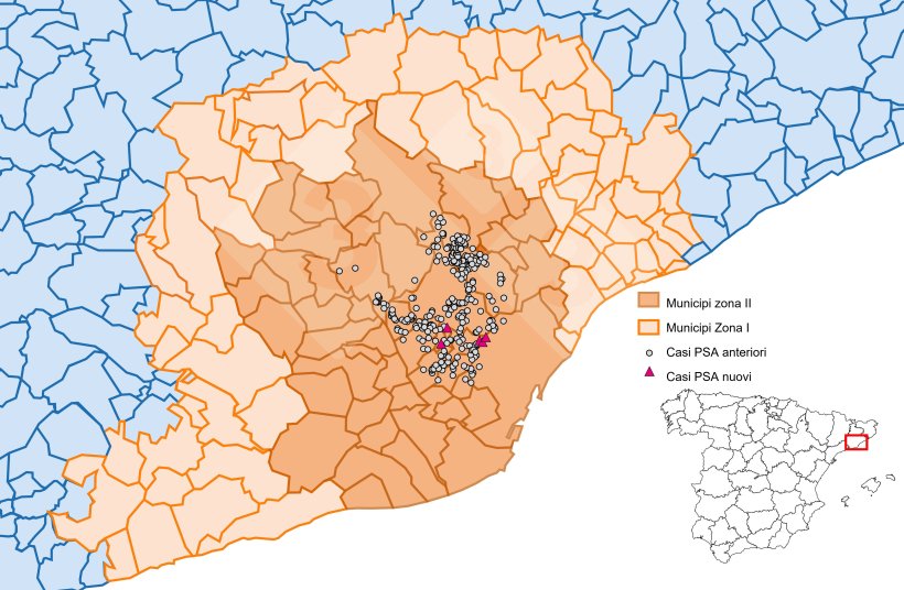 Localizzazione dettagliata dei casi di cinghiali rilevati nella zona ristretta II (Fonte: Dipartimento dell'Agricoltura, Ramaderia, Pesca i Alimentació).