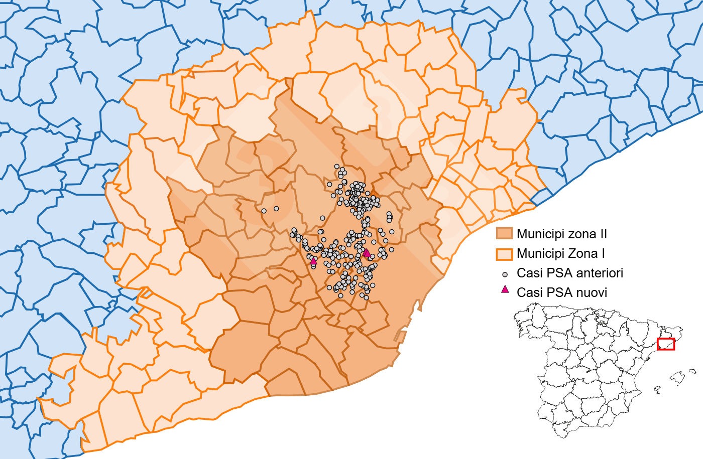 Localizzazione dettagliata dei casi di cinghiali rilevati nella zona ristretta II (Fonte: Dipartimento dell\Agricoltura, Ramaderia, Pesca i Alimentació).