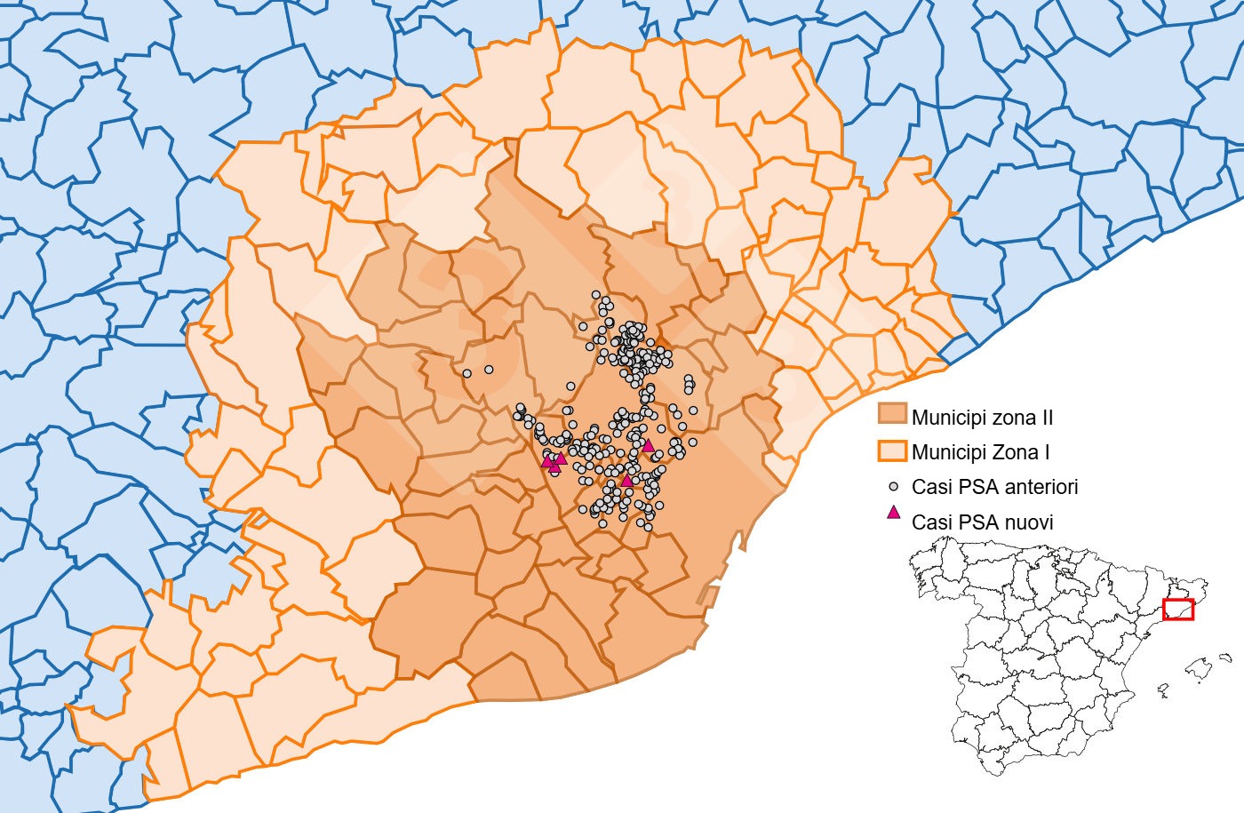 Localizzazione dettagliata dei casi di cinghiali rilevati nella zona ristretta II (Fonte: Dipartimento dellAgricoltura, Ramaderia, Pesca i Alimentació).