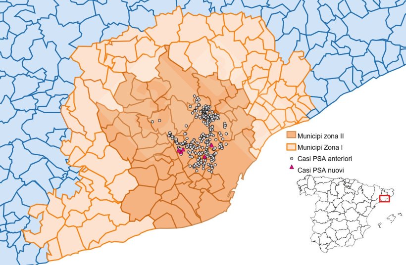 Localizzazione dettagliata dei casi di cinghiali rilevati nella zona ristretta II (Fonte: Dipartimento dell'Agricoltura, Ramaderia, Pesca i Alimentació).