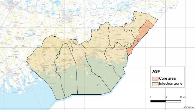 Zone principali e zone infette da PSA in Finlandia. Fonte: Autorità alimentare finlandese.