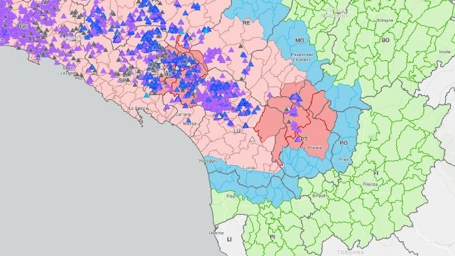 Area Emilia-Romagna - Toscana: in colore blu la zona CEV, in rosa chiaro la Zona 2, in rosa scuro la Zona 3, in blu Zona 1. Fonte:Bolletino Epidemiologico Nazionale