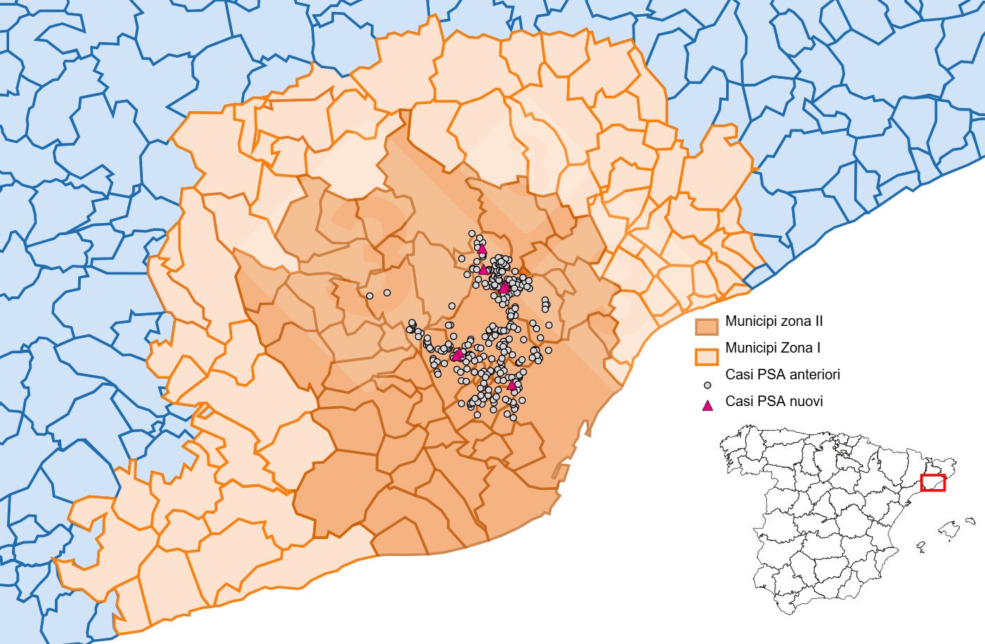 Localizzazione dettagliata dei casi di cinghiali rilevati nella zona ristretta II (Fonte: Dipartimento dell\Agricoltura, Ramaderia, Pesca i Alimentaci&oacute;).