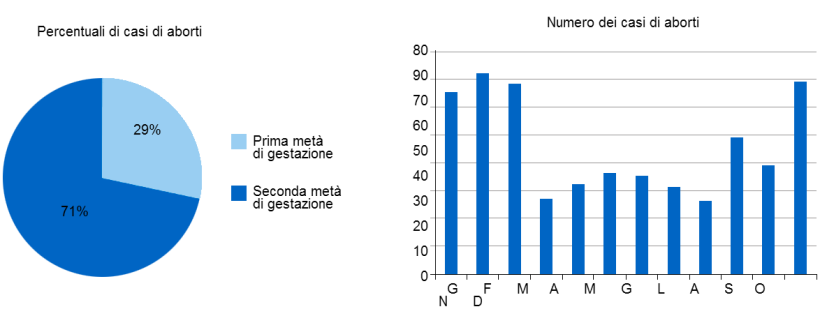 Il grafico circolare rappresenta la % di aborti nella prima e seconda parte di gestazione, rispettivamente. Il grafico a barre, rappresenta la stagionalità degli aborti.