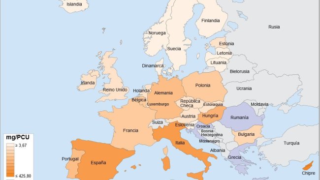 Figura 2. Vendite di antimicrobici in Europa nel 2013. Fonte: "Sales of veterinary antimicrobial agents in 26 EU/EEA countries in 2013. Fifth ESVAC report"