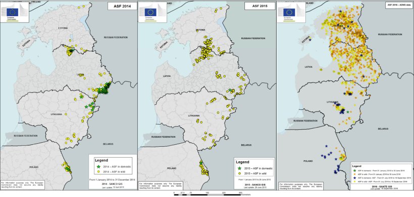 Grafici 4, 5 e 6. Evoluzione dei focolai di peste suina africana dal 2014 fino ad oggi. Fonte grafici: Commissione Europea