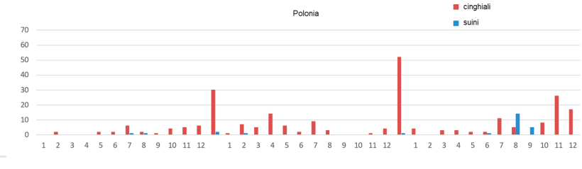 Evoluzione mensile dei focolai di PSA in Polonia.
