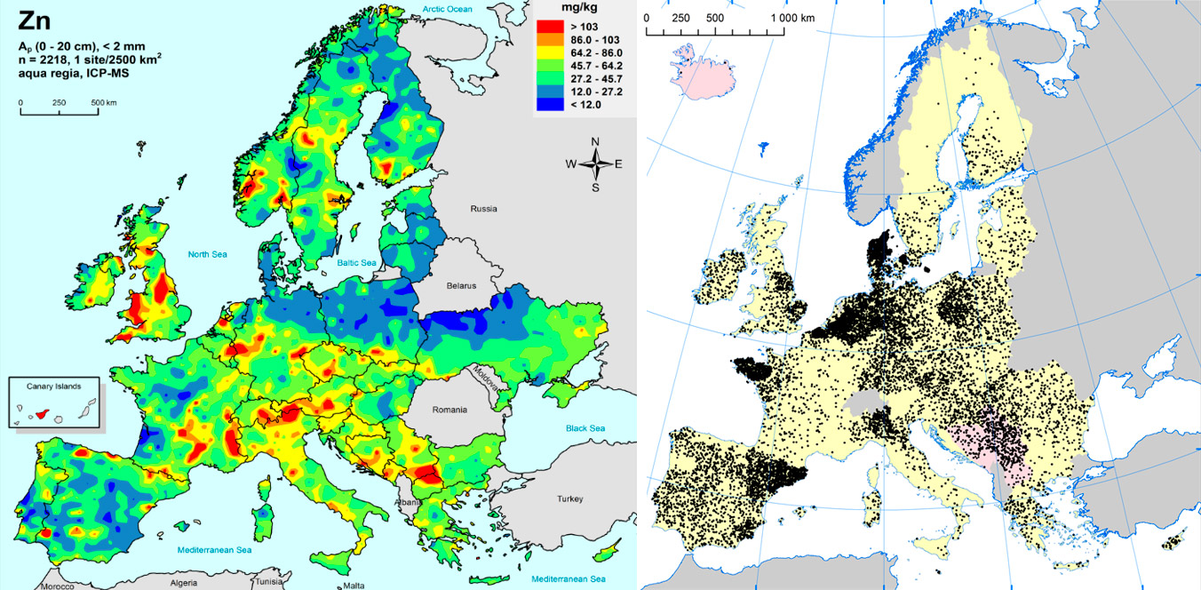 A sinistra: Zinco nei terreni agricoli della UE (Gemas 2014): Livelli di zinco sulla superficie dei suoli (20 cm superiori) nei terreni agricoli in Europa (preso da Reimann et al., 2014). A destra: Allevamenti di suini nella UE (Eurostat, 2014).
