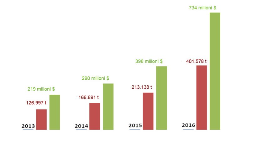 Evoluzione delle esportazioni spagnole di carni suine e prodotti derivati in Cina durante gli ultimi 4 anni.

