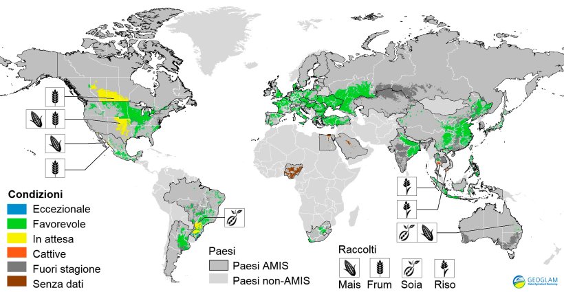 Figura 2. Condizioni dei raccolti nei paesi AMIS (al 28 di marzo). Fonte GEOGLAM
