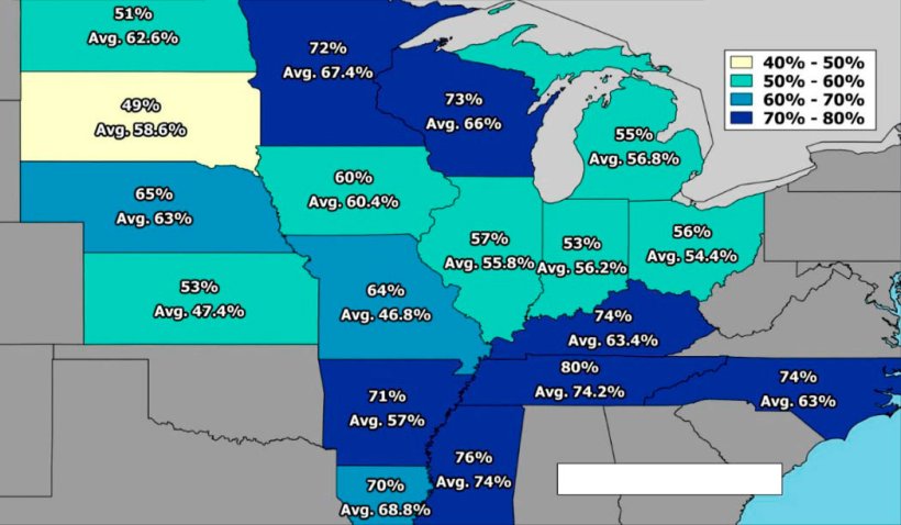 Imagen 1. Stima del raccolto finale di soia qualificati come buono/eccellente per stati americani. Fonte:&nbsp;FC Stone.
