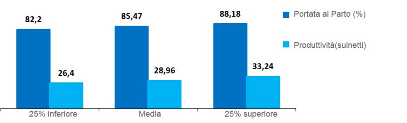 Grafico 8.- Distribuzione % di portata al parto e produttivit&agrave; per Produttivit&agrave; Numerica (periodo 2016).
