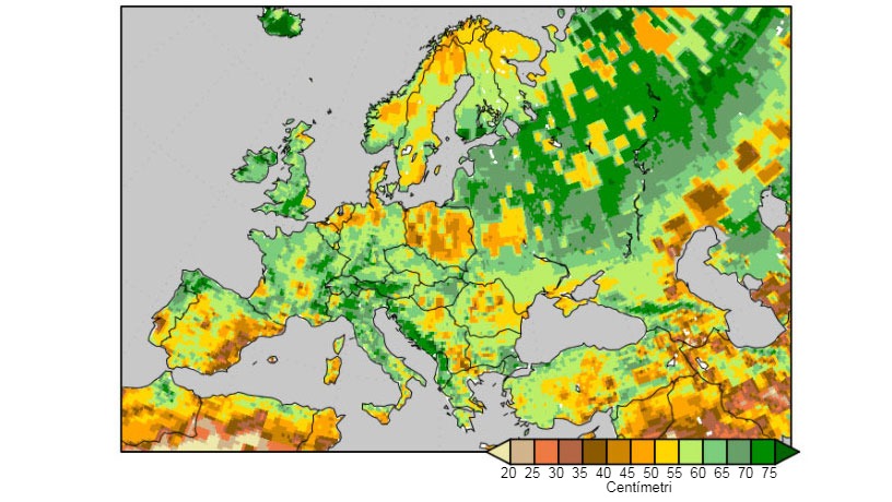 Grafico 3. Umidità del suolo misurata come quantità di acqua (cm) in 2 metri superficiali, al 9 di aprile del 2018. Fonte: National Centers for Environmental Prediction.