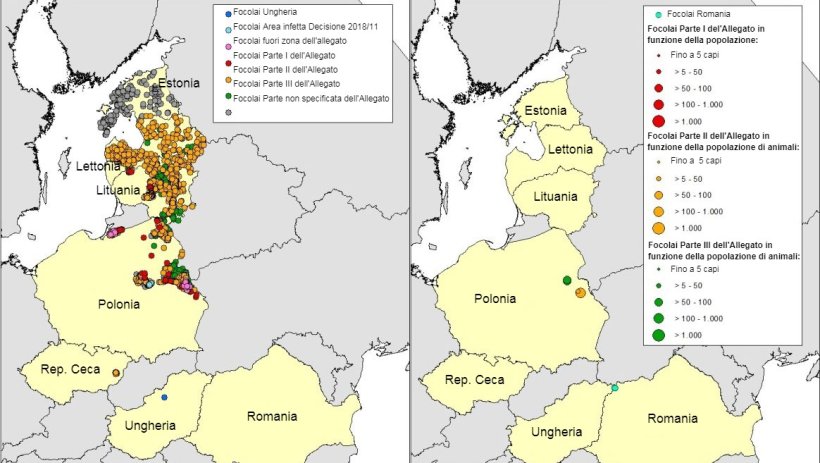 Carta geografica dei focolai di PSA nei cinghiali&nbsp;(sinistra) e suini&nbsp;domestici&nbsp;dichiarati in&nbsp;Estonia, Lettonia, Lituania, Polonia, Rep. Ceca e &nbsp;Romania nel 2018 (fino al 25/04/2018) (Fonte RASVE-ADNS)
